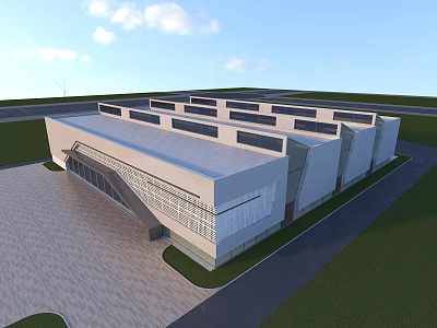 Modern Industrial Building With Solar Panels Glass Windows Lawn And Paved Ground 3d model