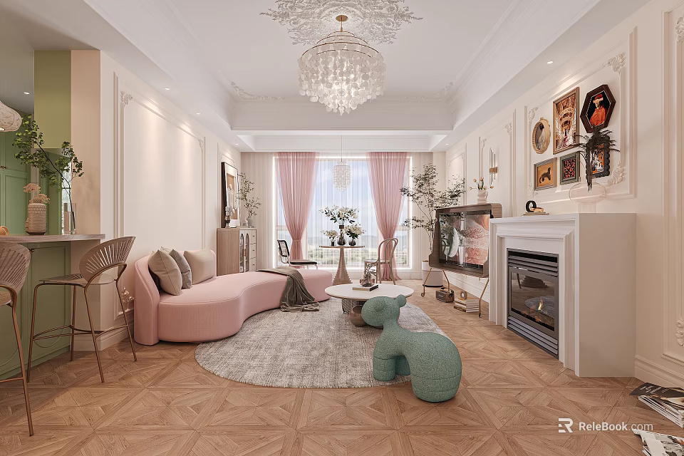 Elegant French Style Living And Dining Interior With Soft Pastel Furnishings And Crystal Chandelier 3d model 