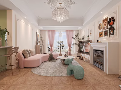 Elegant French Style Living And Dining Interior With Soft Pastel Furnishings And Crystal Chandelier 3d model