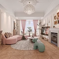 Elegant French Style Living And Dining Interior With Soft Pastel Furnishings And Crystal Chandelier