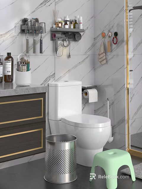 Elegant Bathroom Toilet With Marble Wall Toilet Paper Holder And Dark Wood Vanity Cabinet 3d model 