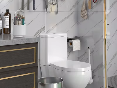 Elegant Bathroom Toilet With Marble Wall Toilet Paper Holder And Dark Wood Vanity Cabinet 3d model