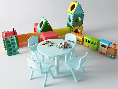 Fun Children's Table with Light Blue Chairs and Building Blocks and Colorful Play Structures 3d model