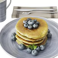 Delicious Blueberry Pancakes with Fresh Blueberries Coffee Cup Fork and Knife on Napkin