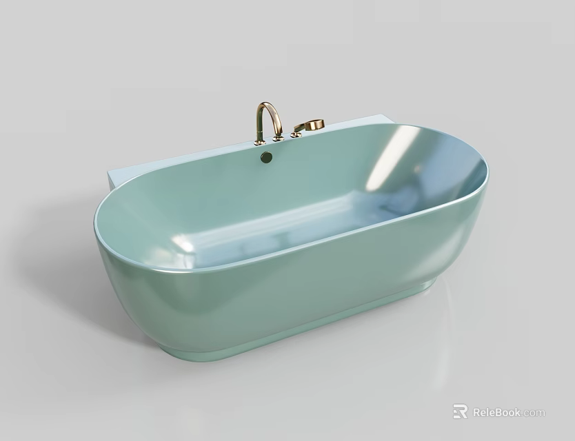 Light Green Oval Free Standing Bathtub With Polished Surface And Golden Faucet 3d model 