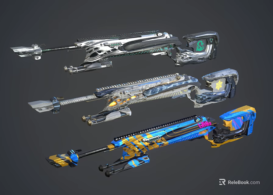 Three Different Futuristic Sci Fi Weapons With Colorful Patterns And Metallic Accents 3d model 