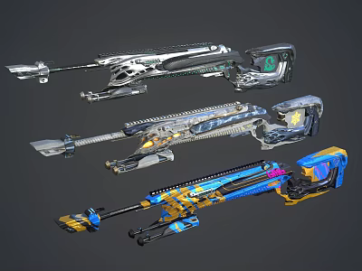 Three Different Futuristic Sci Fi Weapons With Colorful Patterns And Metallic Accents 3d model