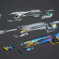 Three Different Futuristic Sci Fi Weapons With Colorful Patterns And Metallic Accents