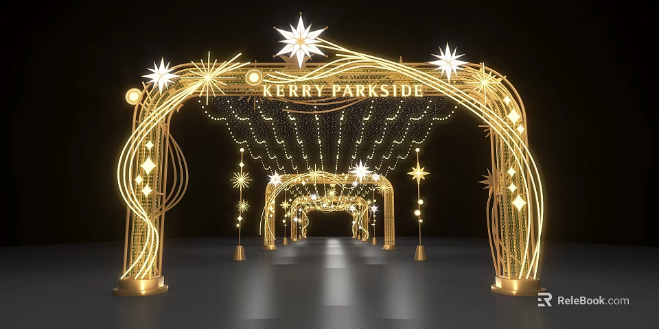 Kerry Parkside Illuminated Event Passageway With Golden Arch And Star Decorations 3d model 