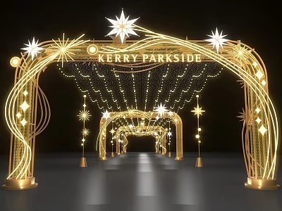 Kerry Parkside Illuminated Event Passageway With Golden Arch And Star Decorations 3d model