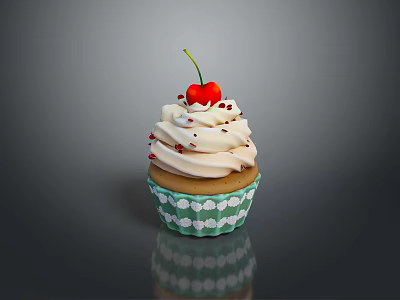 Freshly Baked Cupcake With White Cream Cherry Topping And Green Cloud Paper Cup 3d model