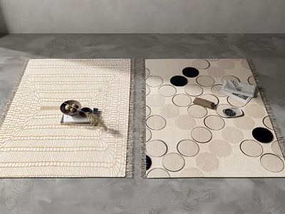 Square Rugs With Beige Striped And Circular Patterns Featuring Coffee Cup And Magazine 3d model