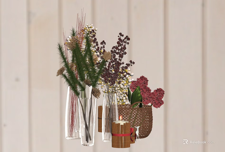 Decorative Vases With Various Flowers Green Plants And Dried Blooms On Light Wooden Wall 3d model 