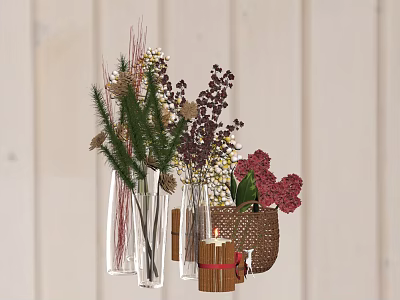 Decorative Vases With Various Flowers Green Plants And Dried Blooms On Light Wooden Wall 3d model