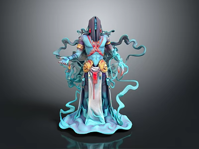 Woman Fantasy Character 3D Model With Blue Flowing Ribbons And Red Decorations 3d model