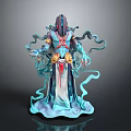 Woman Fantasy Character 3D Model With Blue Flowing Ribbons And Red Decorations
