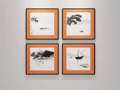 Chinese Ink Paintings in Orange Frames Hanging on White Wall 3d model
