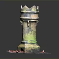 Vintage Ornamental Tower Structure With Rusted Surface Green Moss And Colorful Gravel Base