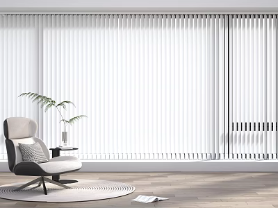 White Venetian Blinds In Modern Interior With Stylish Chair Potted Plant And Wooden Floor 3d model