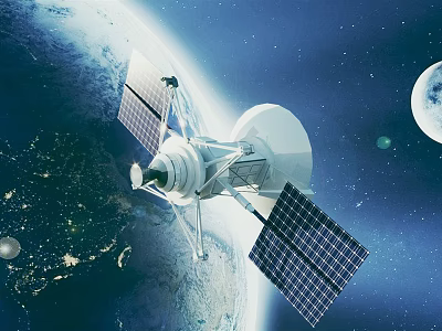 Cartoon Scene of Satellite Orbiting Earth with Moon and Stars in Space 3d model