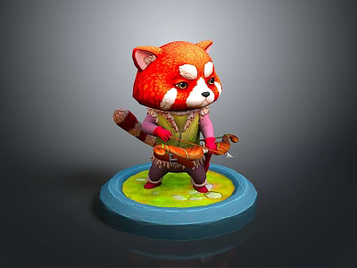Red Panda Figurine Wearing Green Outfit Holding Instrument On Base With Green Grass Yellow Flowers 3d model