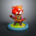 Red Panda Figurine Wearing Green Outfit Holding Instrument On Base With Green Grass Yellow Flowers