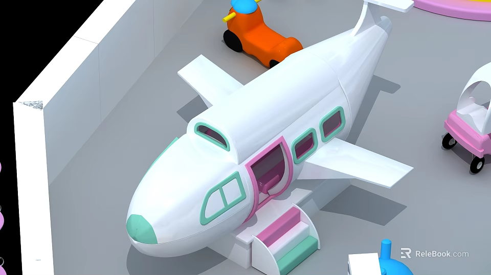 White Airplane Shaped Landscape Sculpture With Pink Door Green Windows And Orange Toy Car 3d model 
