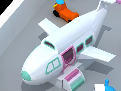 White Airplane Shaped Landscape Sculpture With Pink Door Green Windows And Orange Toy Car 3d model