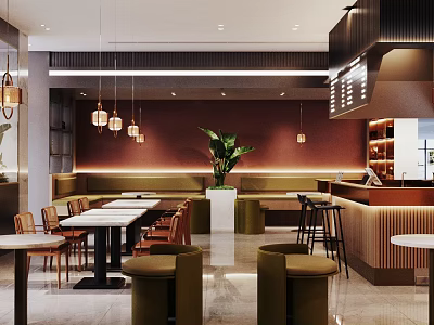 Modern Café Interior With Pendant Lights Green Plant And Booth Seating 3d model