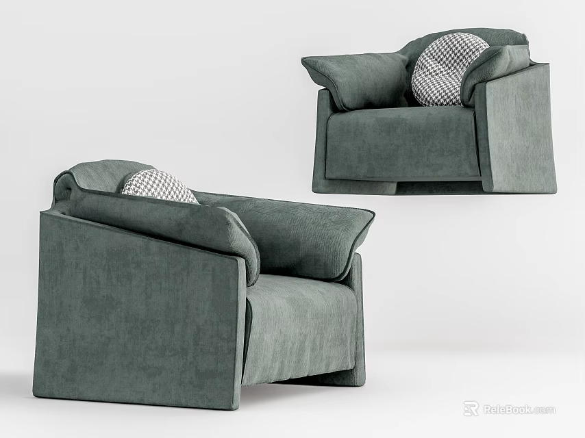Modern Green Single Sofa with Velvet Upholstery and Checkered Cushion 3d model 