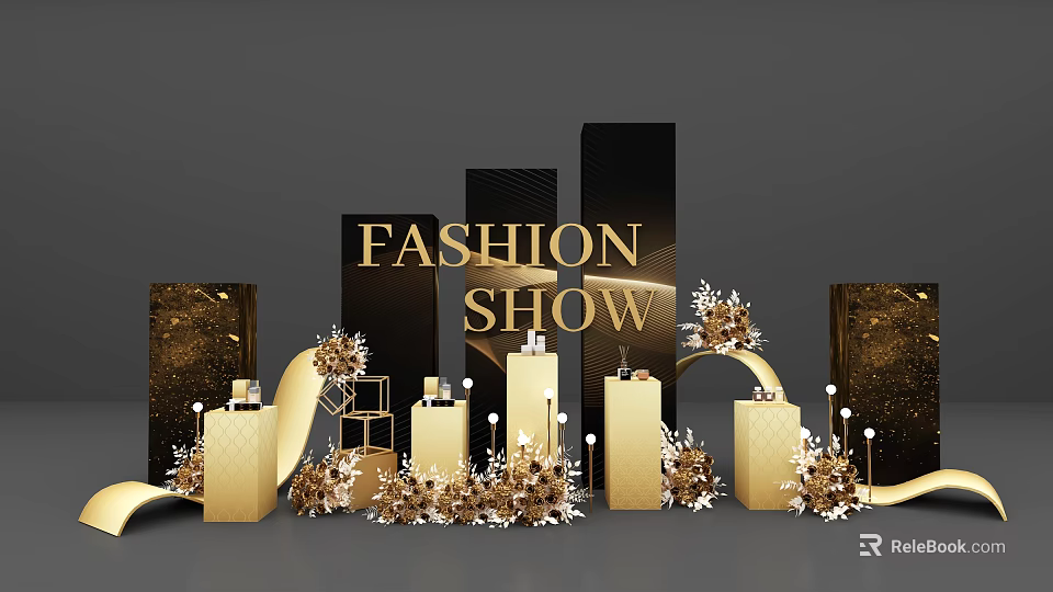 Floral Installation for Fashion Show with Gold Black Columns and Decorative Elements 3d model 