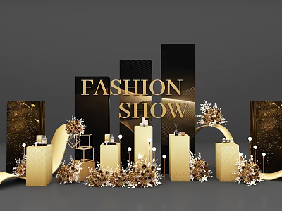 Floral Installation for Fashion Show with Gold Black Columns and Decorative Elements 3d model