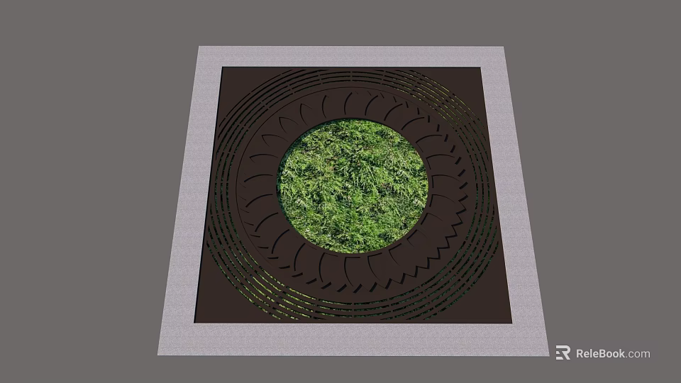 Tree Pit Design With Square Frame Circular Grass Center And Decorative Rings 3d model 
