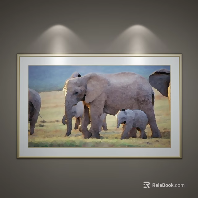 Framed Animal Painting Featuring Adult and Baby Elephants with Grassland Background Lit by Spotlights 3d model 