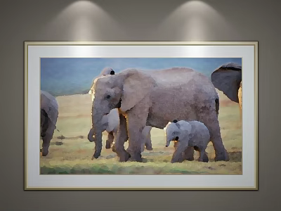 Framed Animal Painting Featuring Adult and Baby Elephants with Grassland Background Lit by Spotlights 3d model