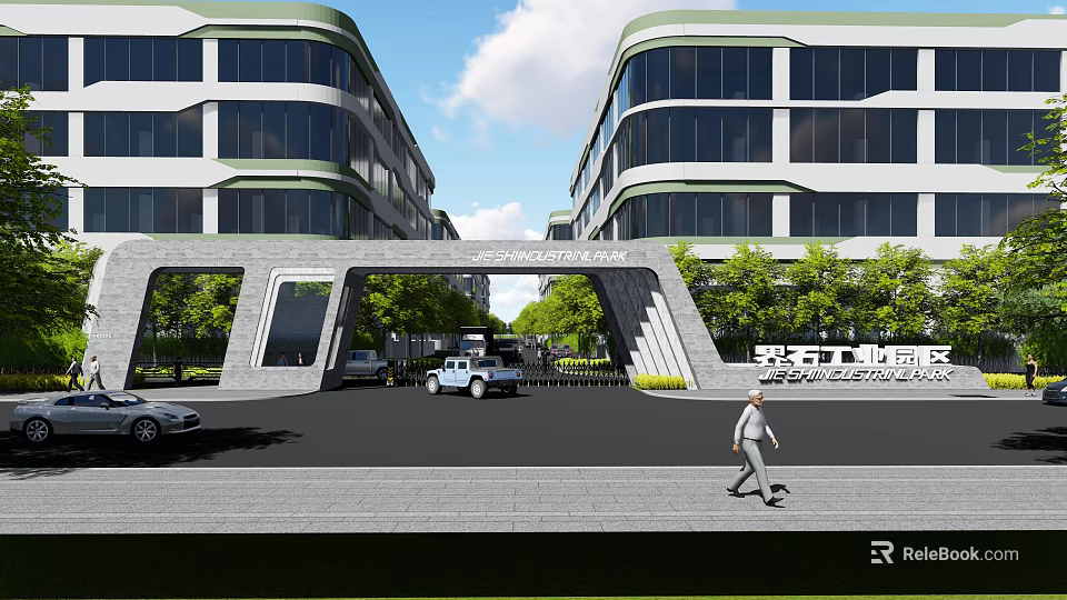 Modern Archway Entrance Gate Between Glass Facade Buildings With Lush Trees Cars and Pedestrians 3d model 