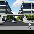 Modern Archway Entrance Gate Between Glass Facade Buildings With Lush Trees Cars and Pedestrians