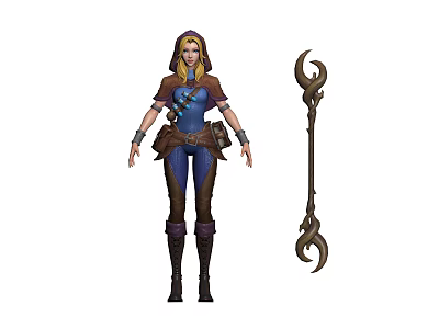 Hooded Female Fantasy Character With Enchanted Staff And Mythical Creature Companion 3d model