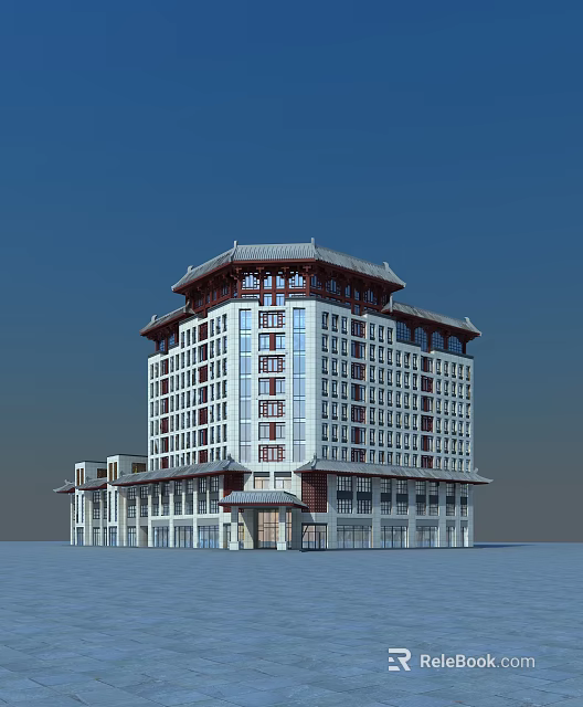 Traditional Chinese Style Hotel Building With Multi Storey Structure And Classic Roof Design 3d model 