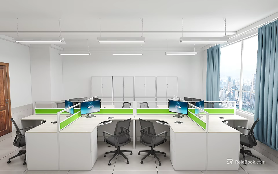 Open Plan Public Office Space with Green Partitions Multiple Workstations Computers Windows and City View 3d model