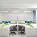 Open Plan Public Office Space with Green Partitions Multiple Workstations Computers Windows and City View 3d model