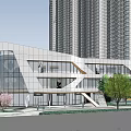 Commercial Street with Tall Buildings Open Space Greenery and Circular Plaza