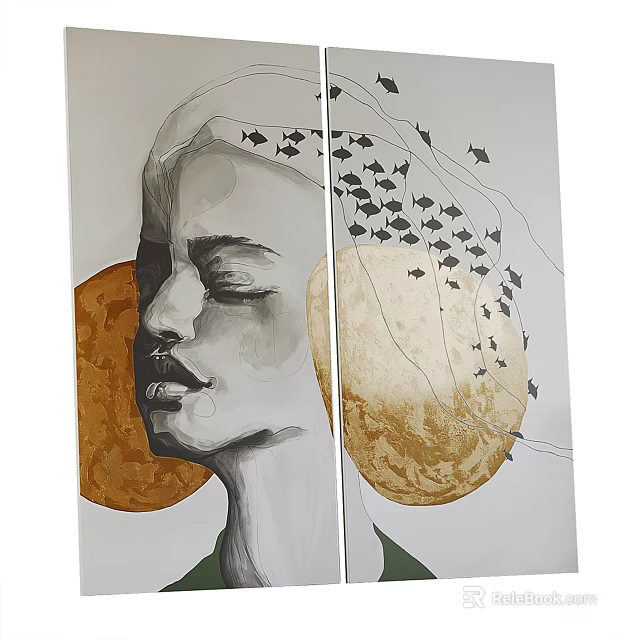 Portrait Painting With Closed Eyes Side Profile Golden Circular Shapes Black Fish Patterns White Background 3d model 