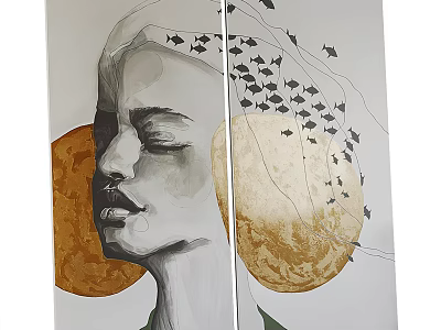 Portrait Painting With Closed Eyes Side Profile Golden Circular Shapes Black Fish Patterns White Background 3d model