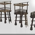 Traditional Wooden Watchtower Structures Featuring Multiple Designs Ladders Railing And Conical Bases 3d model