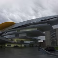 Modern Office Building With Streamlined Roof Glass Curtain Walls And Pedestrians