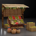 Fresh Fruit Stall With Bamboo Thatched Roof Various Fruits And Wicker Baskets