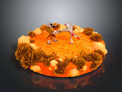 Game Movie Characters Fighting On Orange Circular Platform With Plants And Rocks 3d model