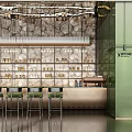 Modern Bar Interior With Stone Wall Glass Bottle Shelves High Stools And Wooden Counter