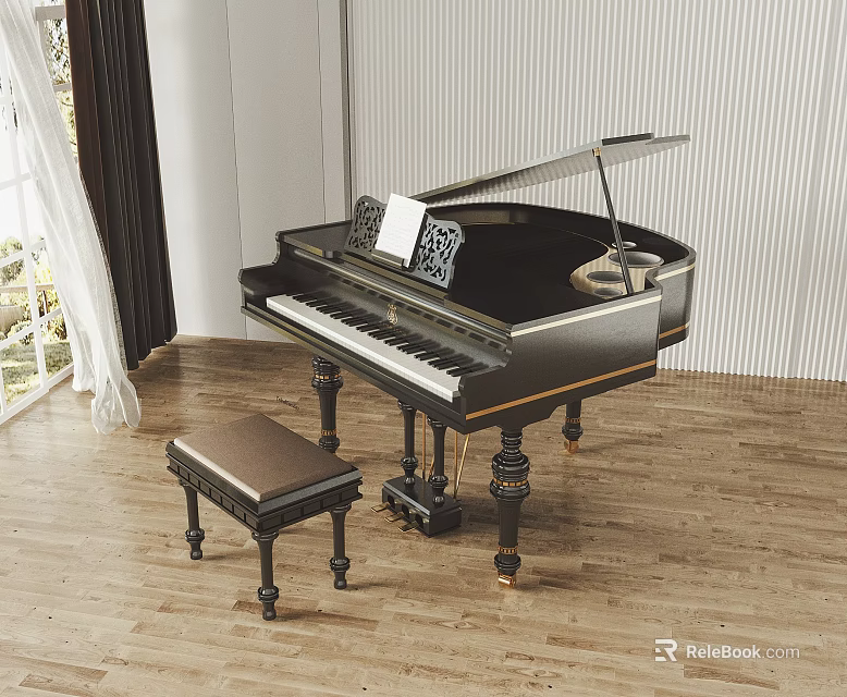 Black Grand Piano With Brown Stool On Wooden Floor Near Window Curtain And Music Sheet 3d model 
